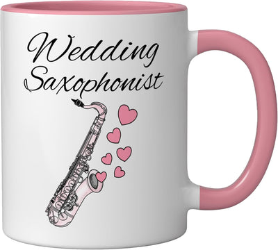 Taza cerámica para saxofonista de boda en rosa/blanco