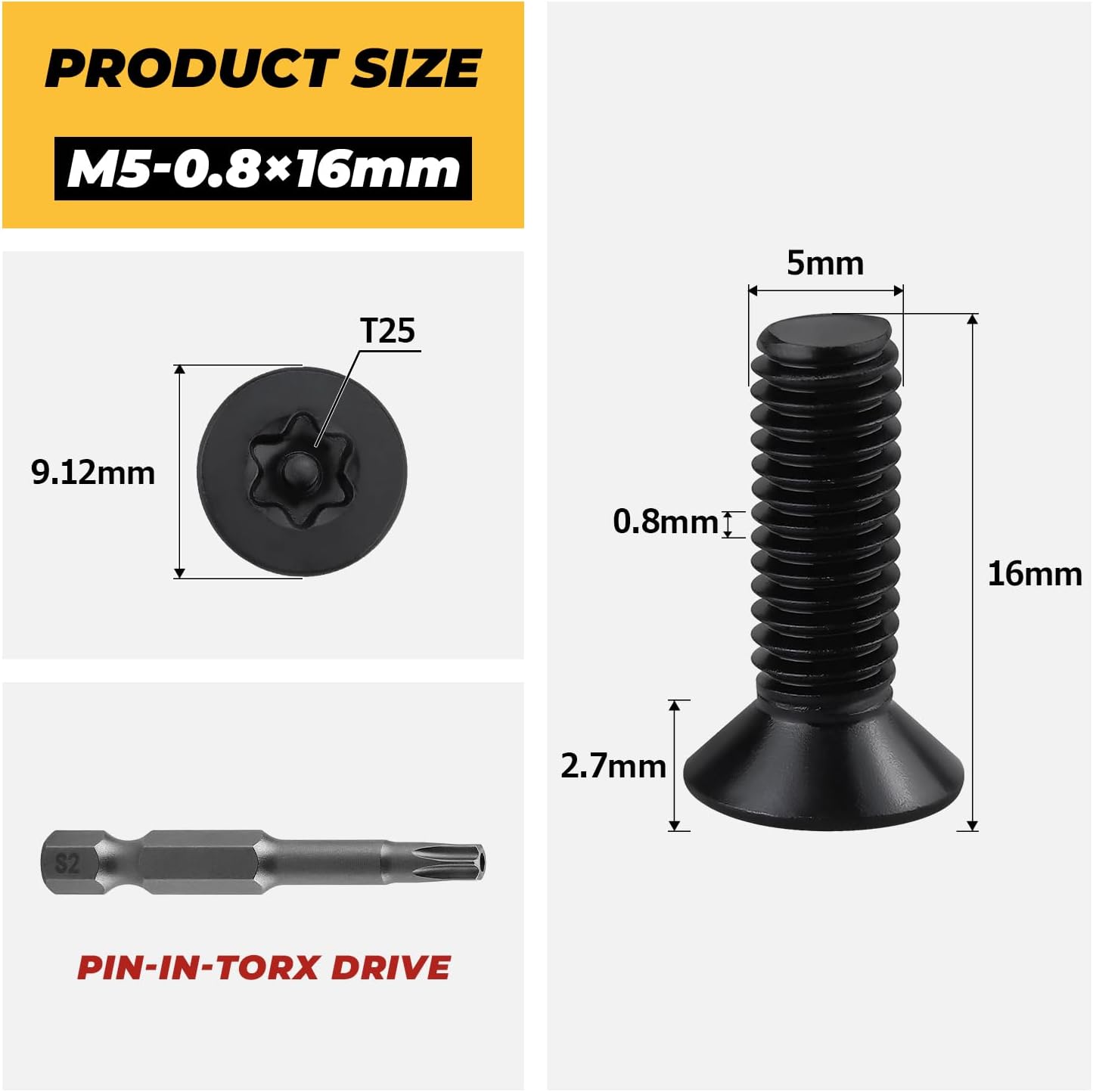 100 Pzas Tornillos Torx M5-0.8 x 16mm Acero Inox 304 Negro