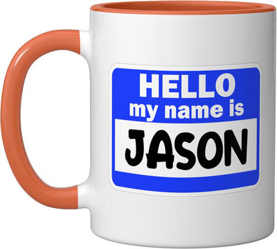 Taza cerámica con nombre Jason en etiqueta de presentación naranja/blanca