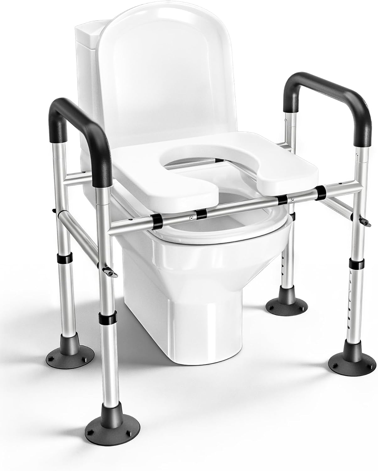 Asiento inodoro elevado ajustable con asas y reposabrazos