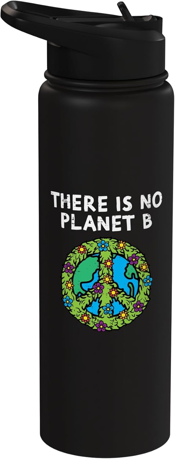 Botella agua acero inox con símbolo de paz flores Tierra