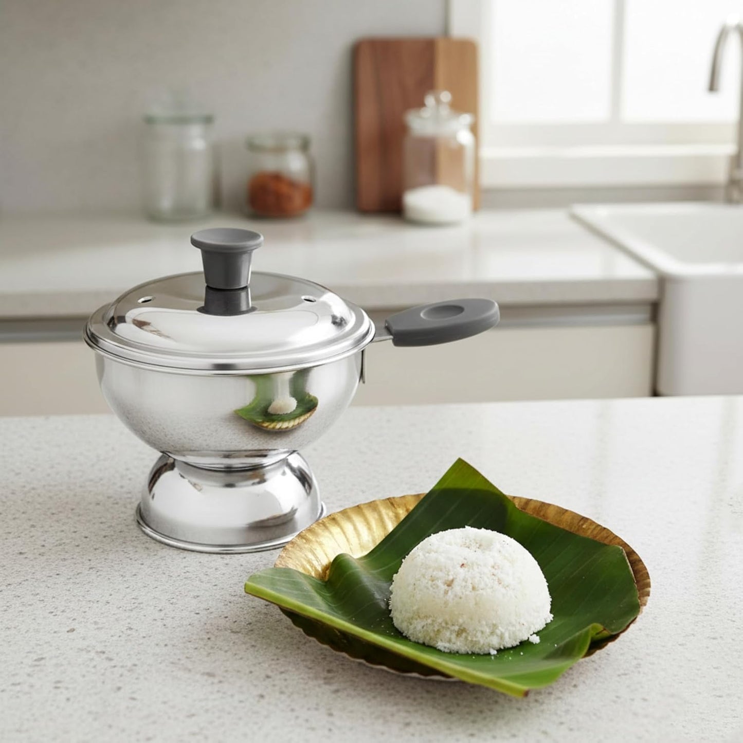 Puttu Kutti con mango para olla a presión plateado