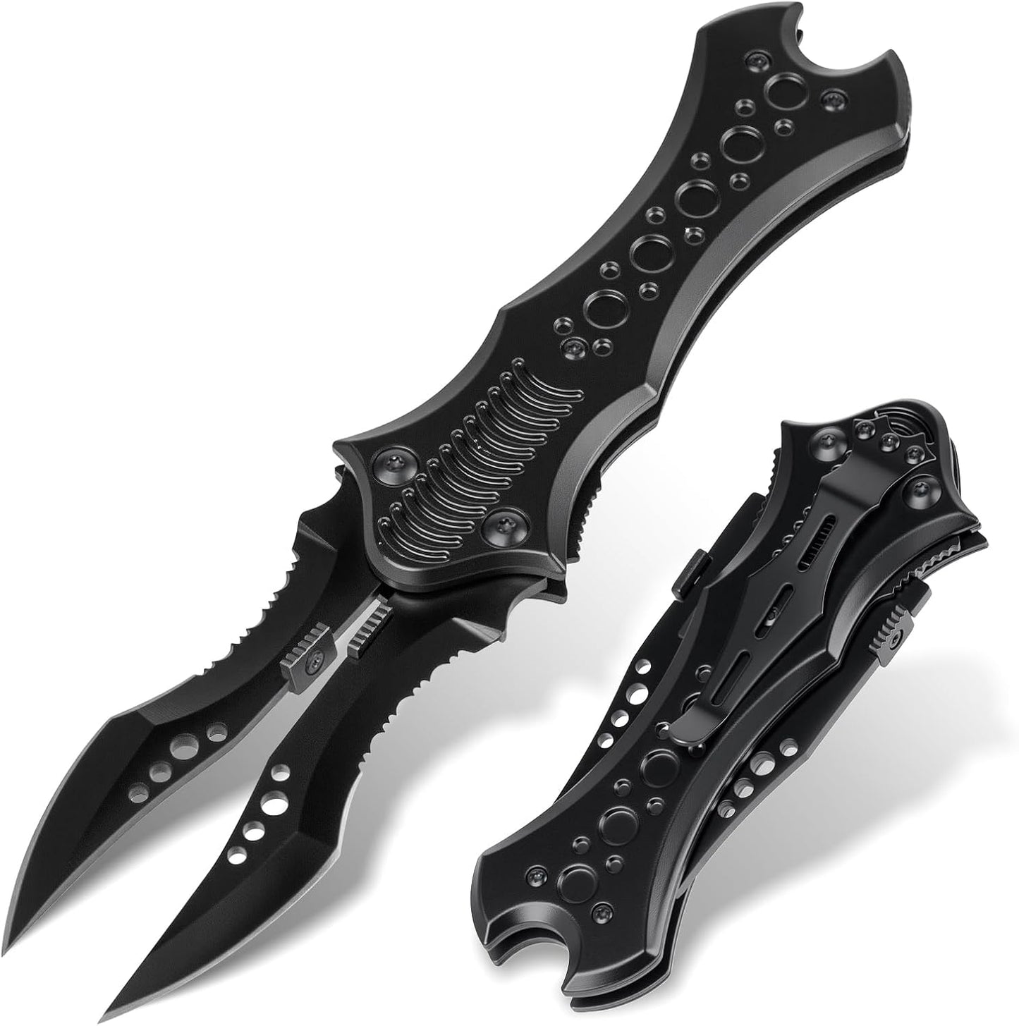 Cuchillo bolsillo doble hoja cuchillas dentadas EDC camping