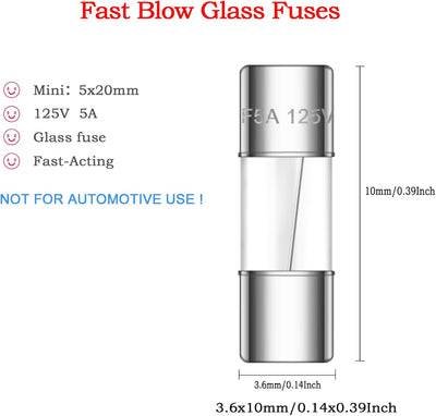 Fusible Vidrio 5A 125V 0.2x0.78pulg 10 Pzas