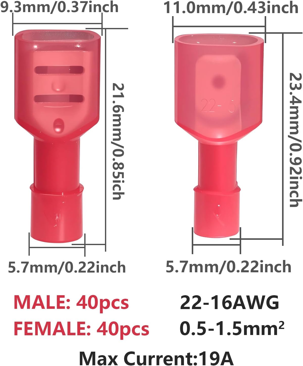 Conectores pala macho hembra nailon 22-16 AWG rojo 80 uds