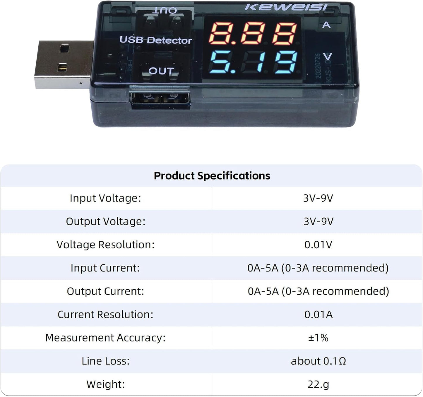 Probador USB multifuncional con pantalla LCD 3-20V 0-3A