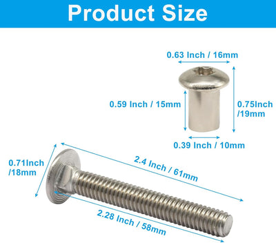 Set 4 pernos cerrojo remolque acero inox 304 con tuercas 5/16pulg