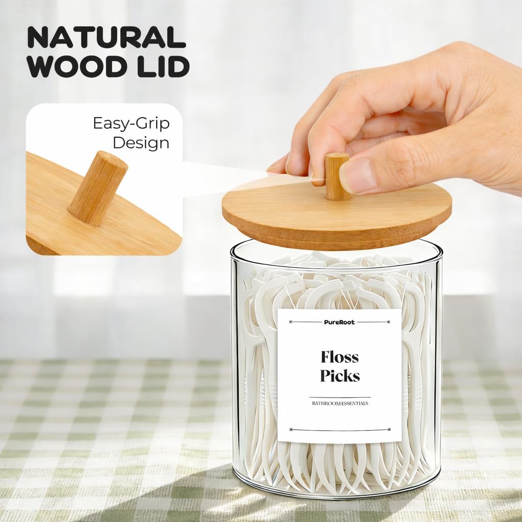 Juego dispensador vidrio Qtip con tapas bambú 10oz