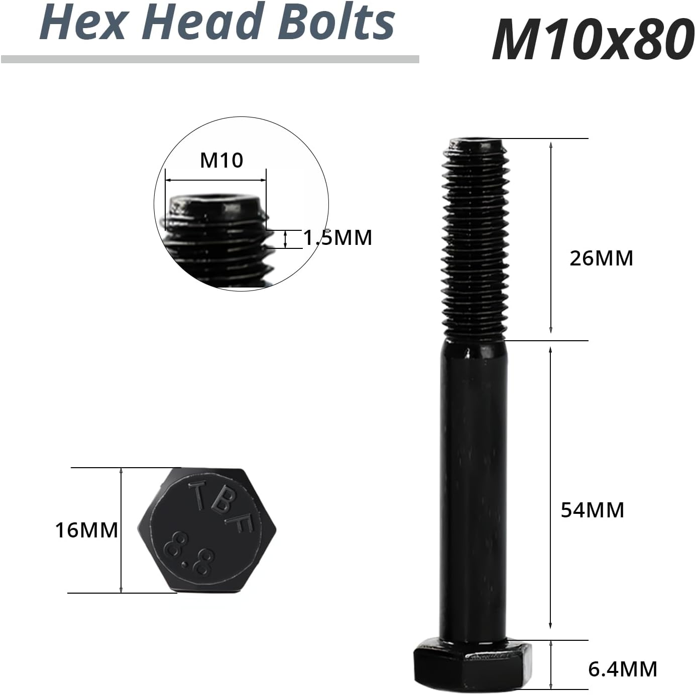 Pernos hexagonales negros métricos 6 Pzas