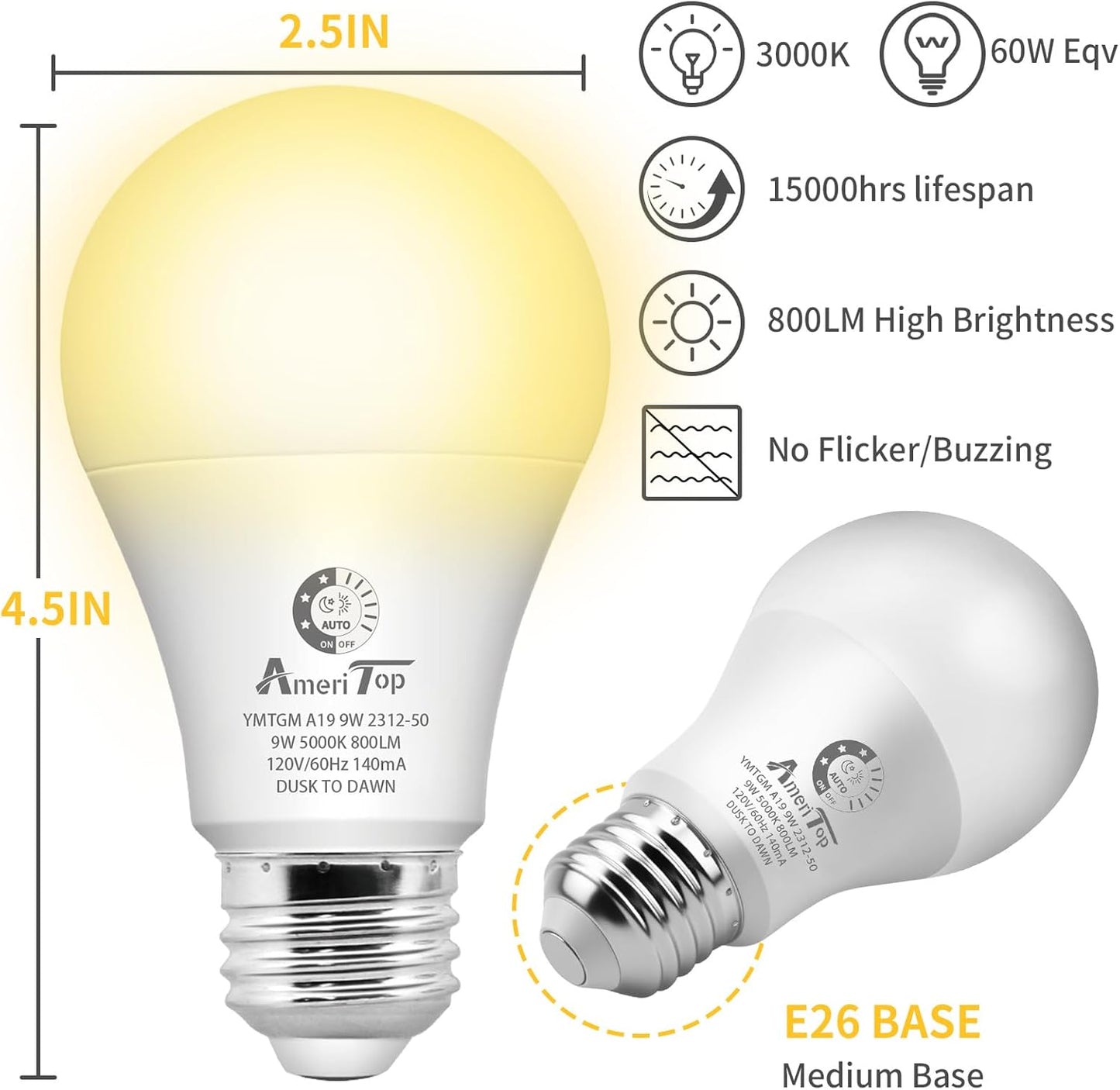 Bombilla LED A19 sensor amanecer/atrasar 3 pzas 800lm 9W