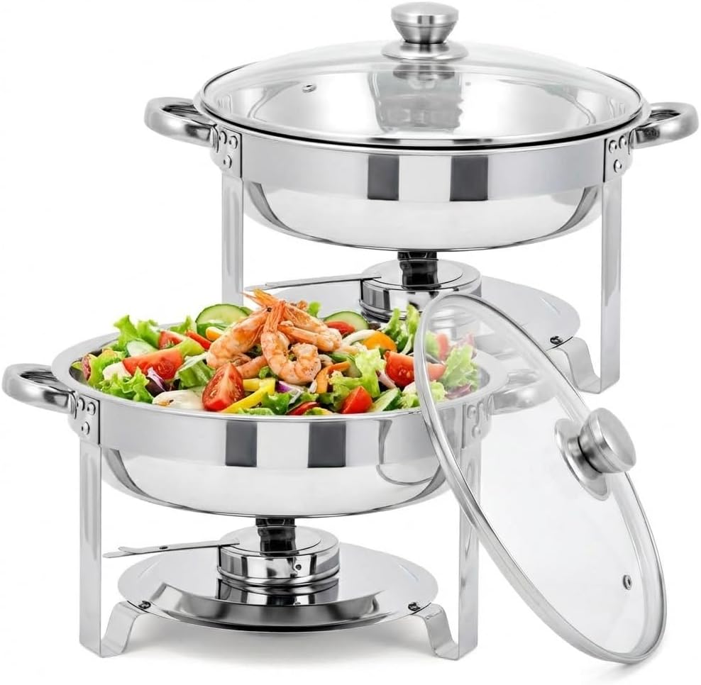 Set 2 Platos Acero Inox 5qt Con Tapa Vidrio Bufé Catering