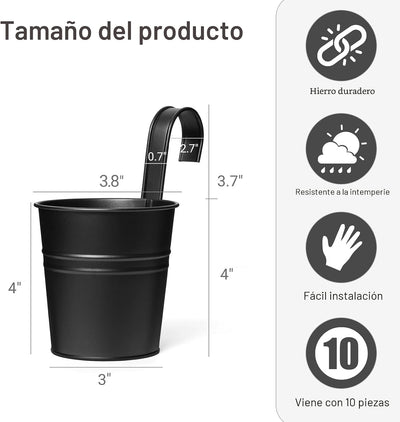 10 Macetas Colgantes Metal Hierro para Balcón Jardín 4pulg Negro