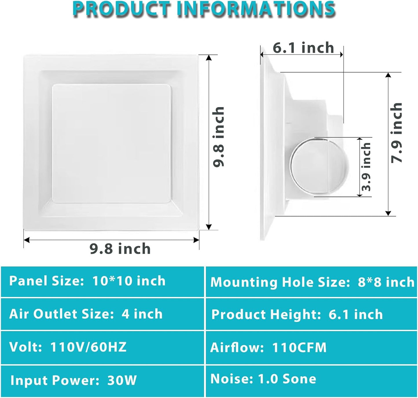 Ventilador baño 10pulg 111CFM sin luz conducto 4pulg