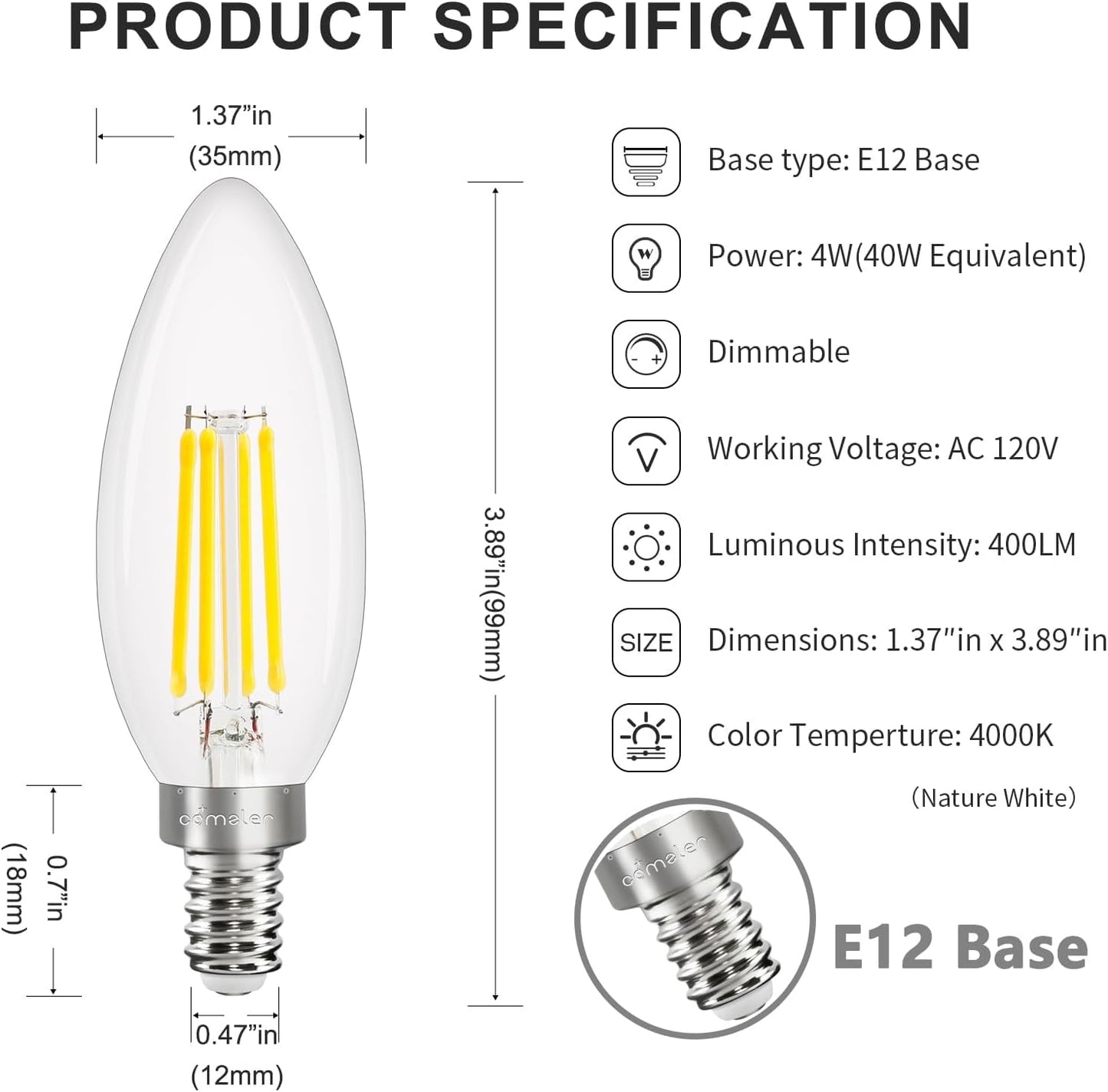 Bombilla LED E12 Filamento 400lm 4W blanco natural pack 12