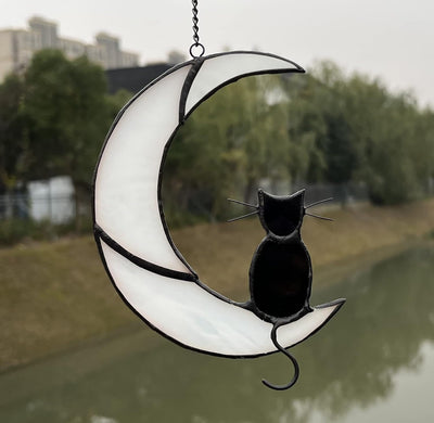 Adorno gato negro luna blanca vitrales ventanas Halloween