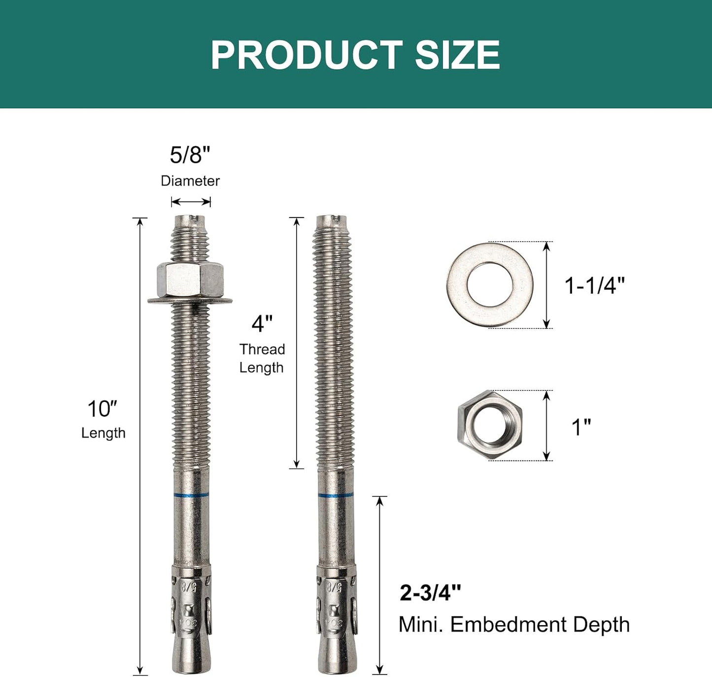 Anclajes hormigón 5/8x10 10 Pzas acero inox