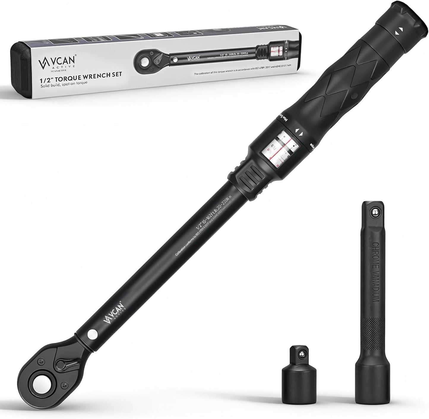 LLave de torque 1/2" 20-220 Nm 72 dientes adaptador y extensión