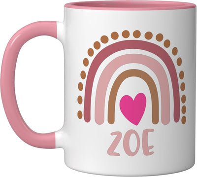 Taza personalizada de cerámica Zoe Name Cute Heart Love Arcoíris Rosa/Blanca