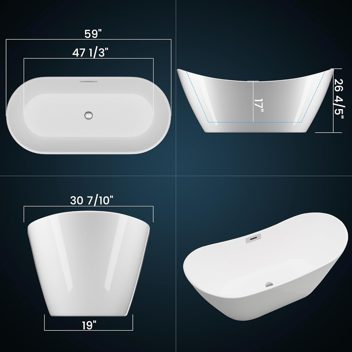 Bañera acrílica independiente 59pulg base antiderrap cromado blanco