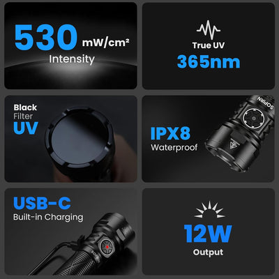 Linterna UV 365 nm recargable con lente filtro para resina