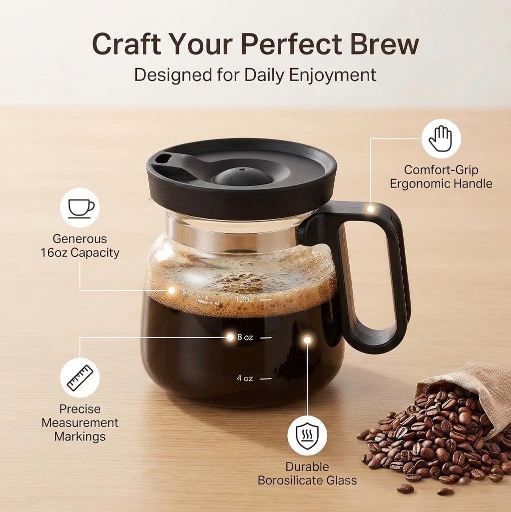 Taza de café de vidrio 16 oz con tapa a prueba de derrames en forma de cafetera
