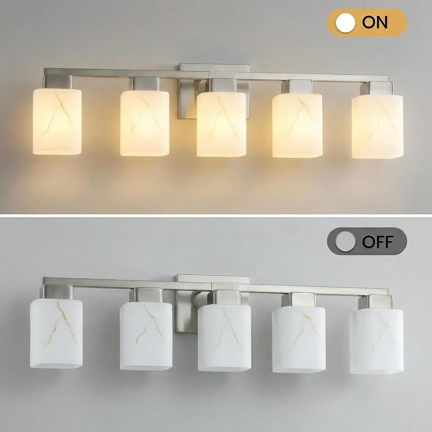 Lámpara baño 5 luces níquel cepillado pantalla mármol blanco E26