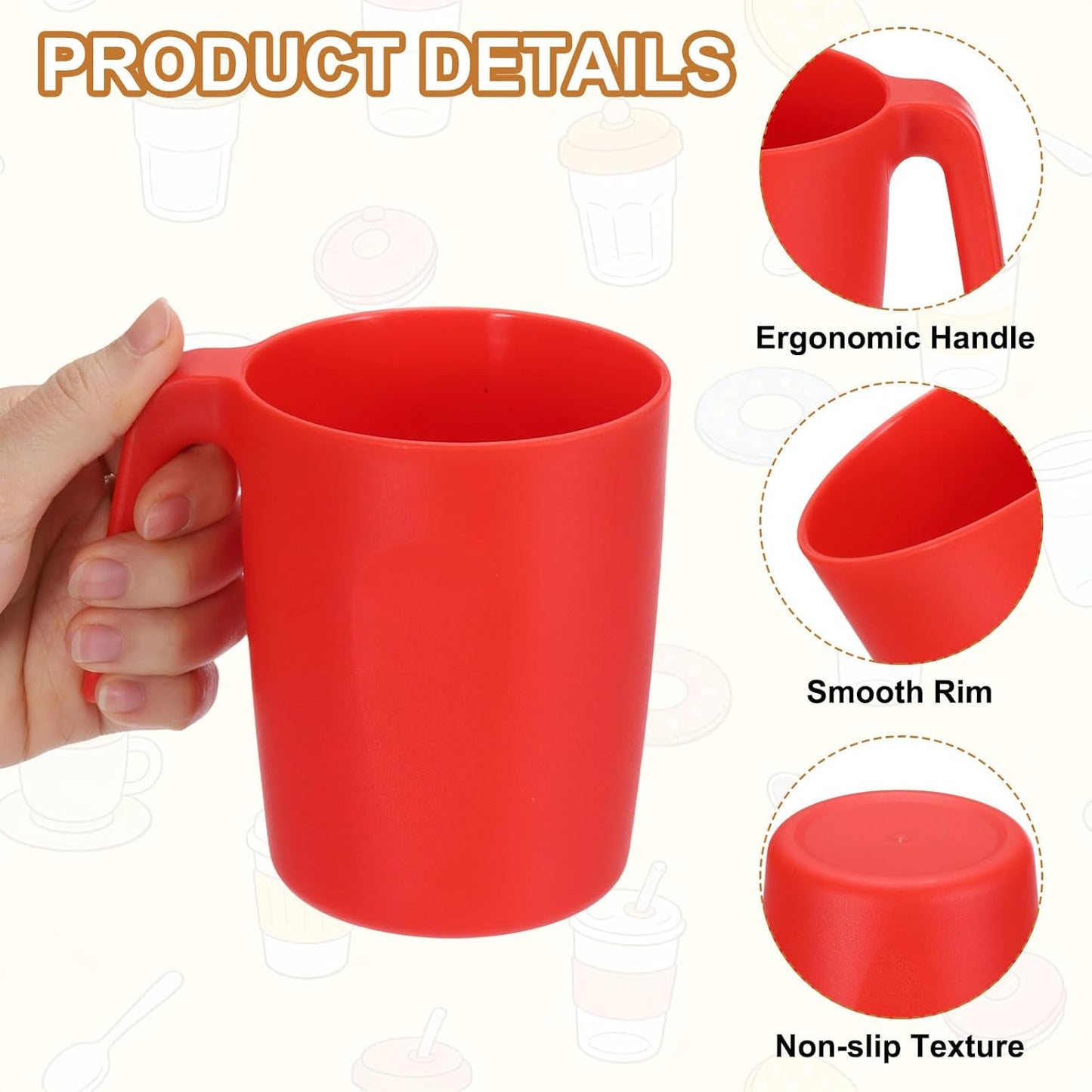 Juego de 4 tazas de café de plástico rojo irrompibles reutilizables
