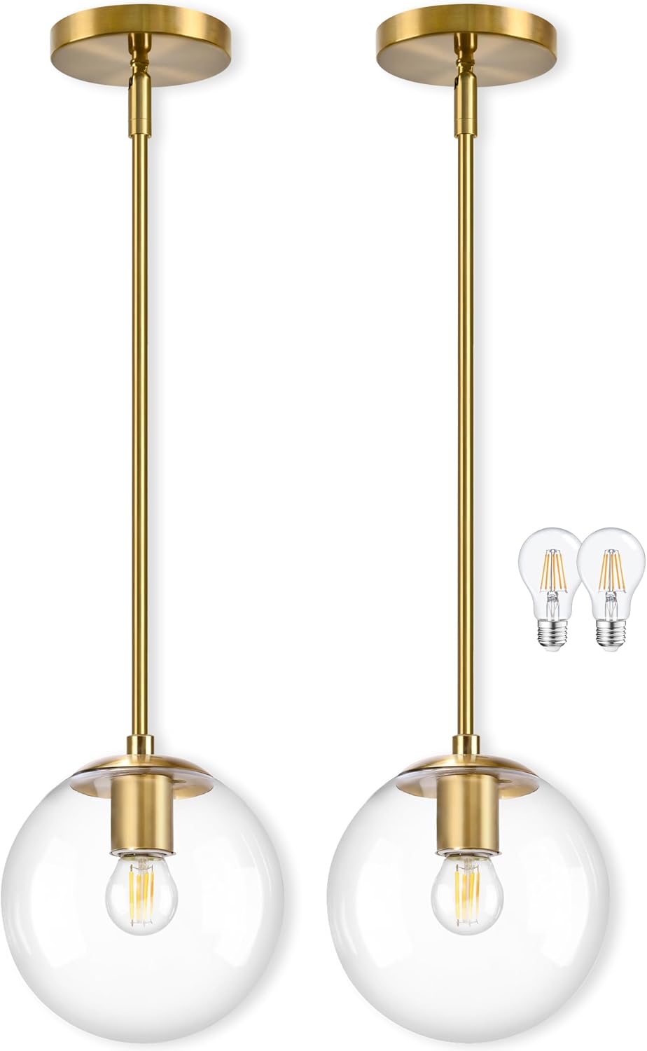 2 Lámparas Colgantes Globo 8pulg Dorado Acabado Latón Cepillado