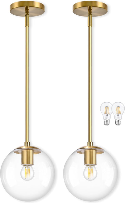 2 Lámparas Colgantes Globo 8pulg Dorado Acabado Latón Cepillado