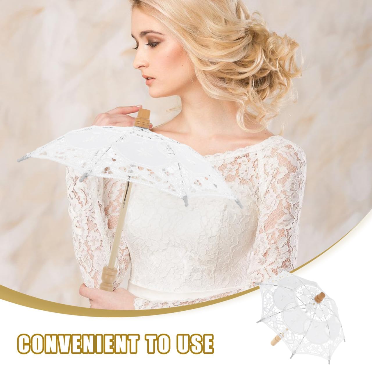 Paraguas encaje nupcial blanco con mango madera boda