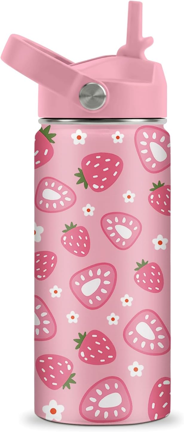 Taza aislada de fresa para niños de acero inoxidable rosa