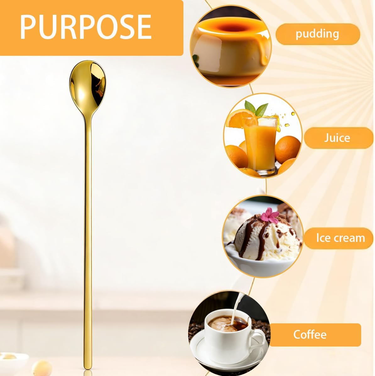 8 cucharas de café y té doradas de acero inoxidable con mango largo
