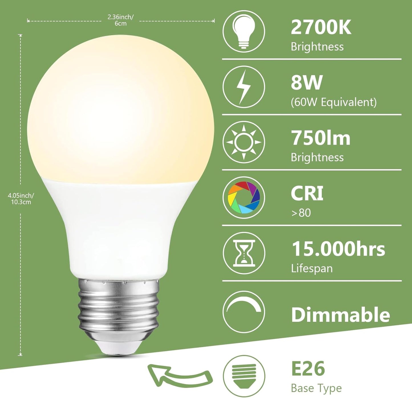 Bombilla LED A19 regulable 8W 2700K base E26 pack 6