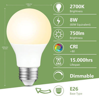 Bombilla LED A19 regulable 8W equivalente 60W blanco suave E26