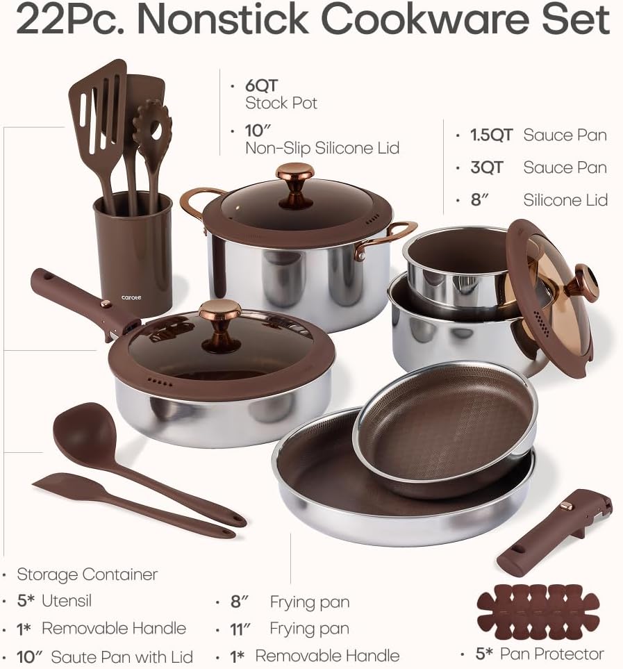 Set 22 Utensilios Cocina Acero Inox Mango Desmontable
