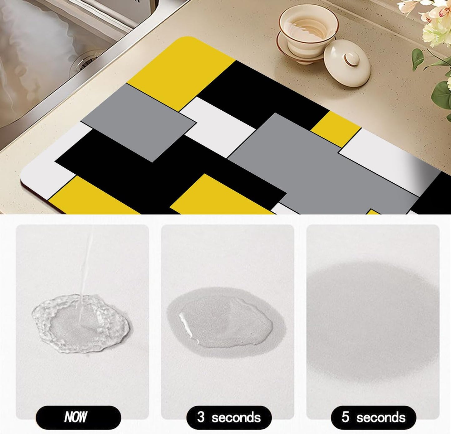 Tapete de secado de platos geométrico amarillo, gris y negro con respaldo de goma