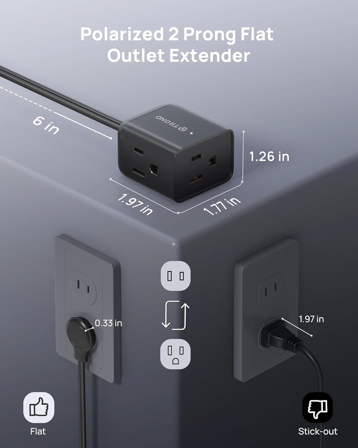Adaptador polarizado 2 a 3 clavijas con cable 6pulg