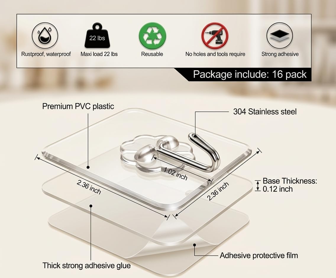 Ganchos adhesivos plástico transparente pack 16