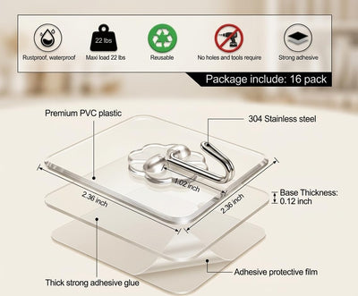 Ganchos adhesivos plástico transparente pack 16