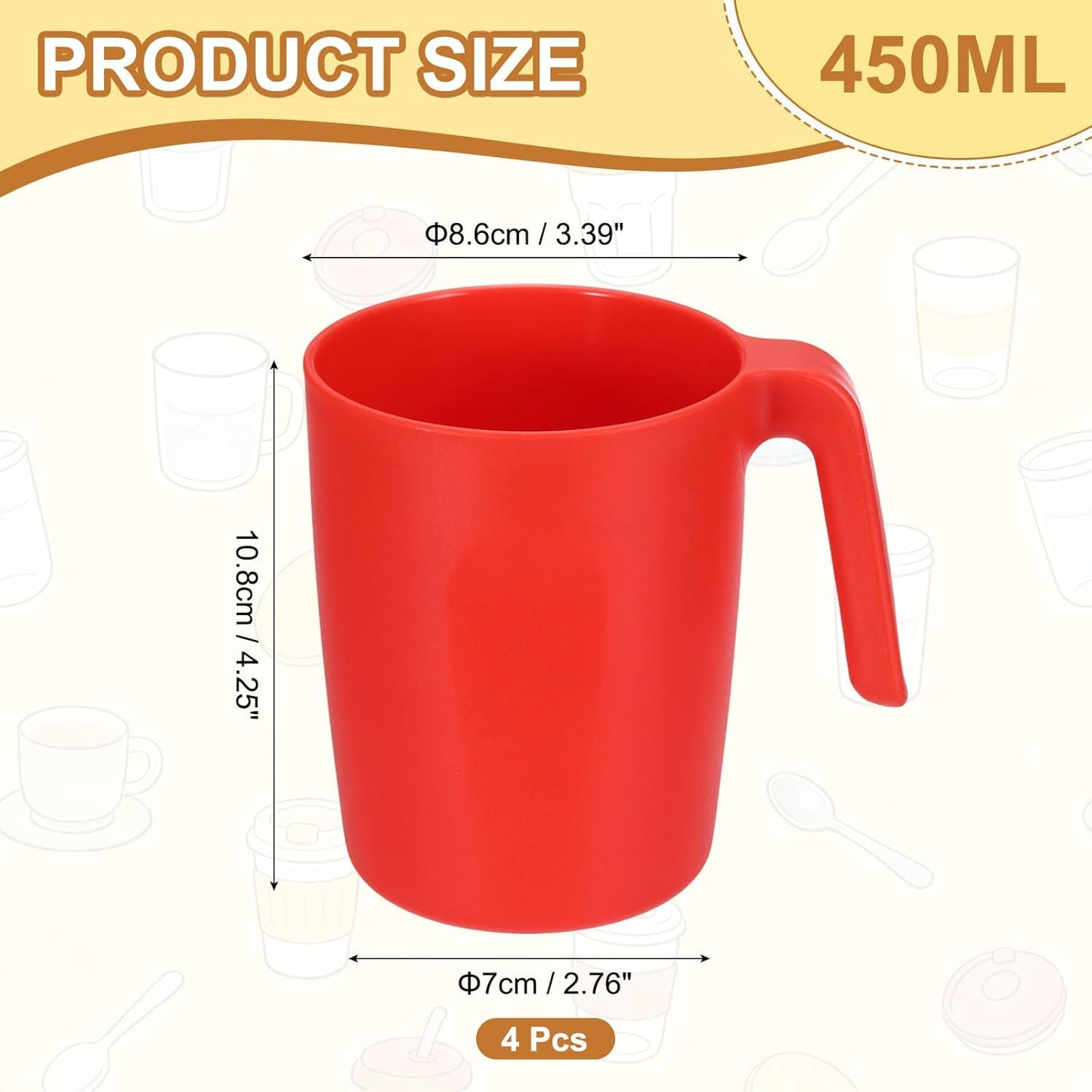 Juego de 4 tazas de café de plástico rojo irrompibles reutilizables