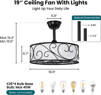 Ventilador techo enjaulado 19pulg con luz control remoto 6 vel