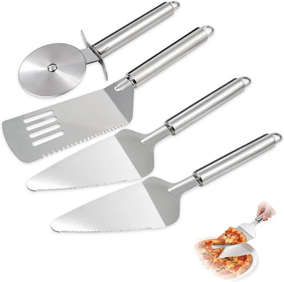Juego de 4 moldes de acero inoxidable para tartas y servidor con espátula dentada para pastel, pizza y lasaña