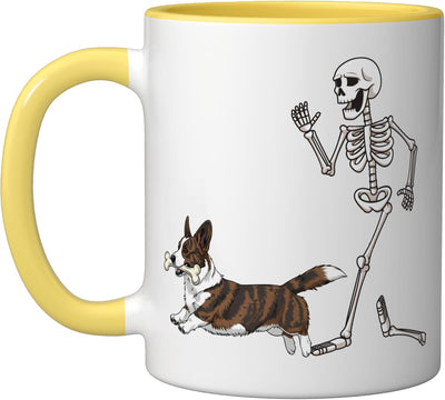 Taza Cerámica Halloween Corgi Esqueleto Amarillo/Blanco