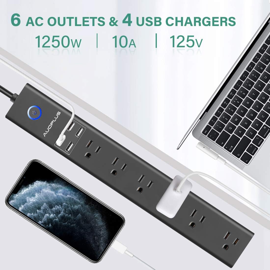 Regleta alimentación 6 salidas CA 4 puertos USB