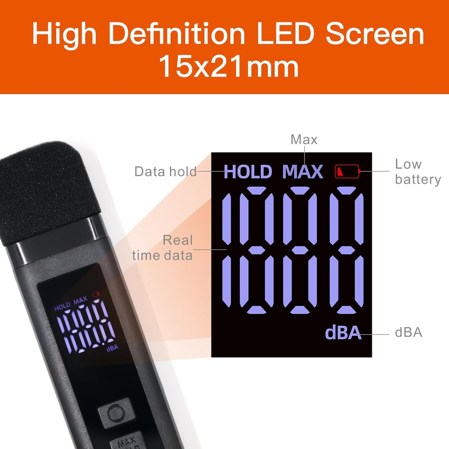 Medidor decibelios LCD con retención datos 30-130dB