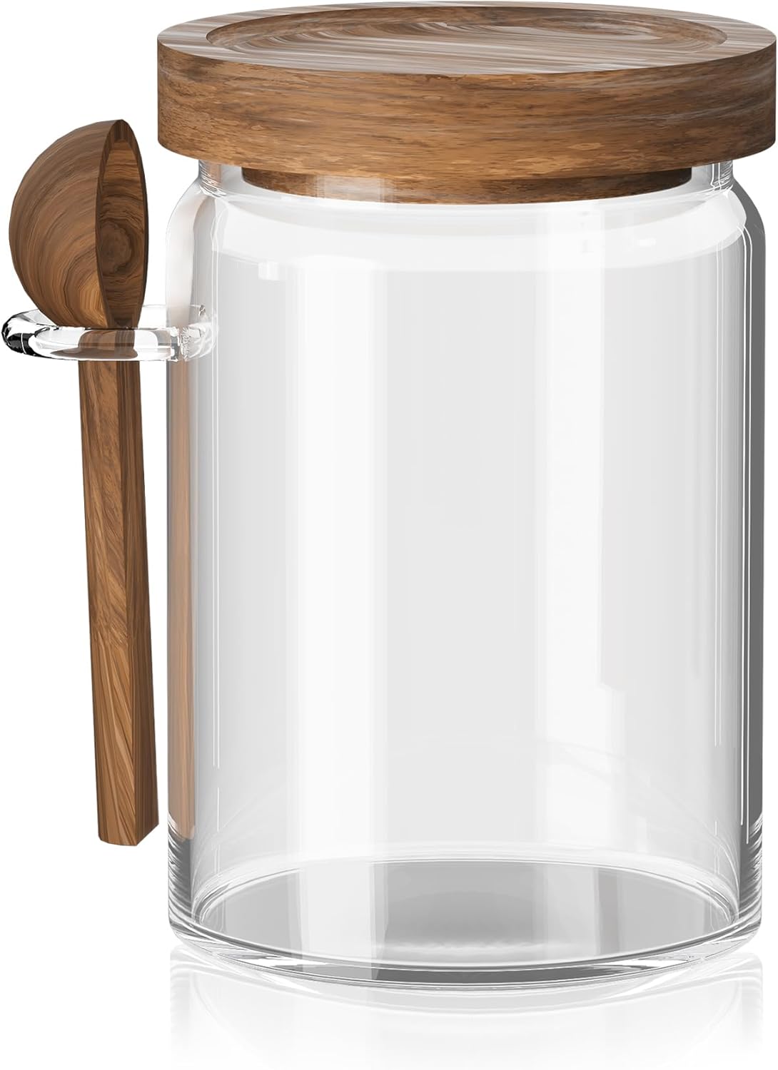 Recipiente de vidrio con tapa de madera para almacenar avena