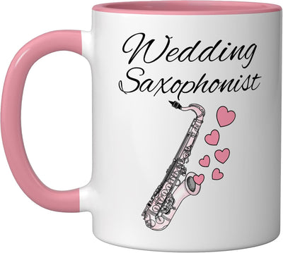 Taza cerámica para saxofonista de boda en rosa/blanco