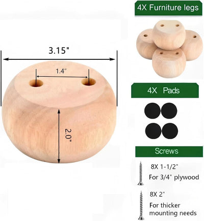 Patas mueble madera dura 2pulg set 4 redondas