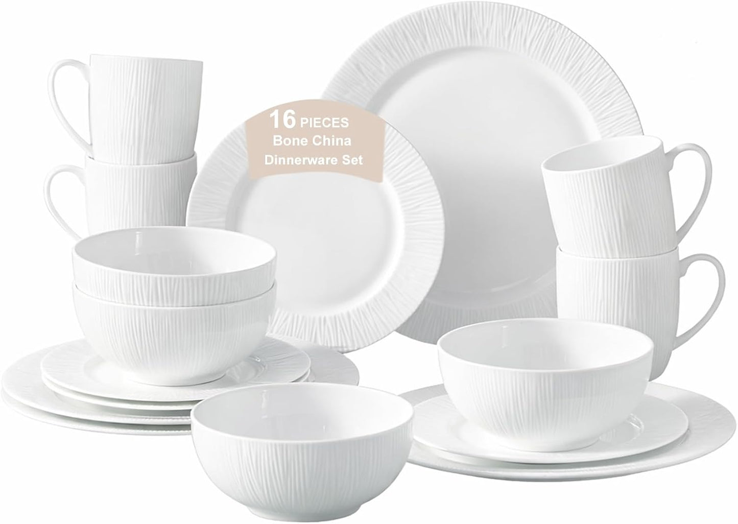 Set 16 Pzas Vajilla Porcelana Hueso Blanca Translúcida Texturizada