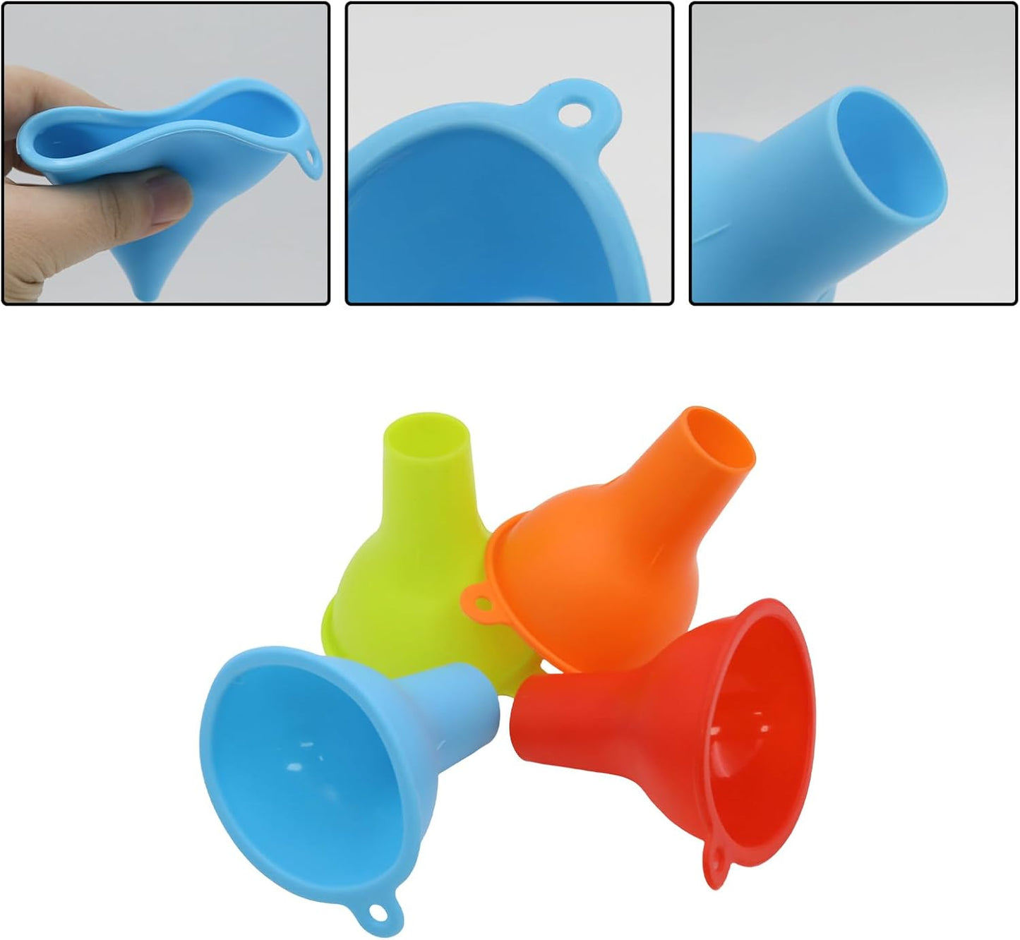 Juego de 4 embudos de silicona flexibles multicolor para botellas y frascos